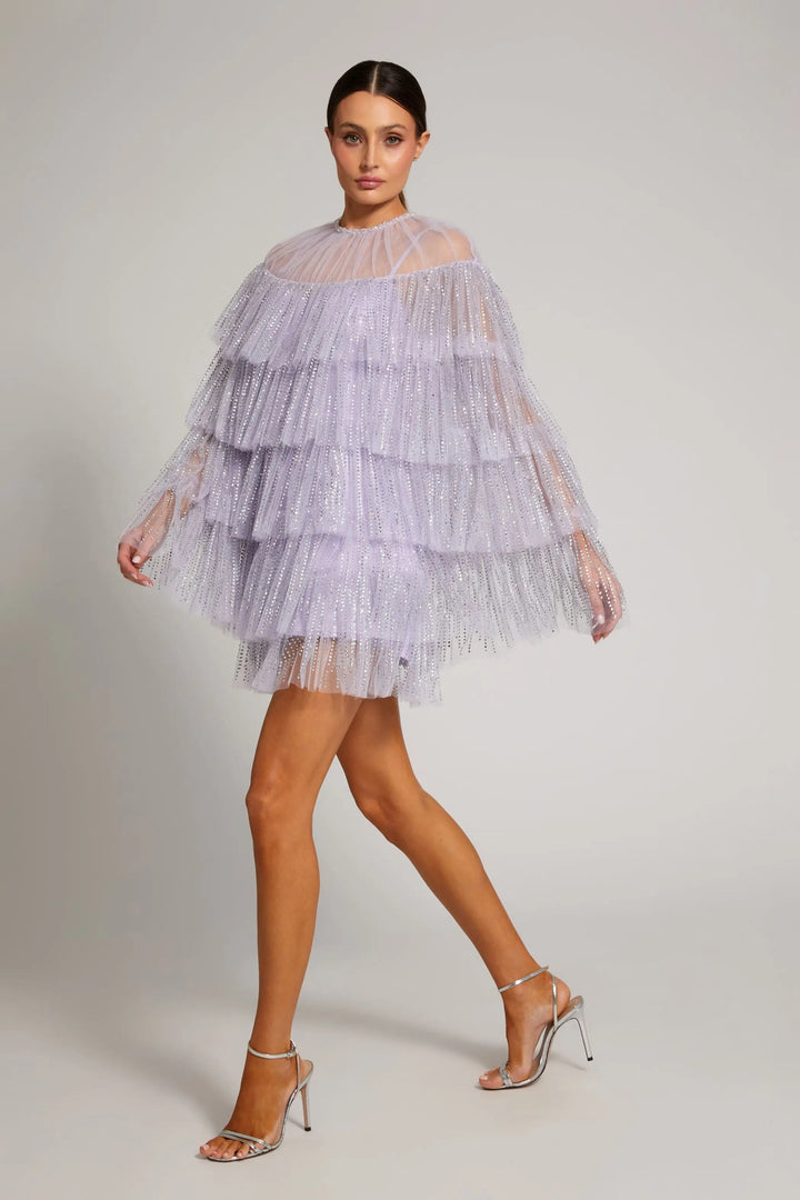 Mac Duggal 20749 Purple Embellished High Neck Ruffle Mini Dress