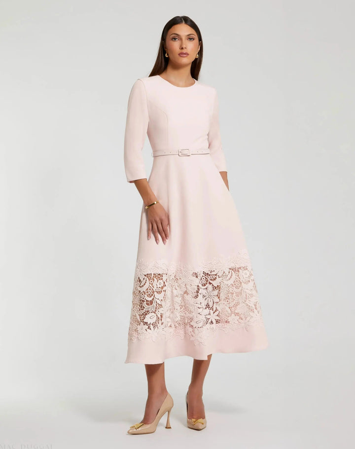 Mac Duggal 21001 Crepe Boat Neck Midi Dress With Applique Cut Out