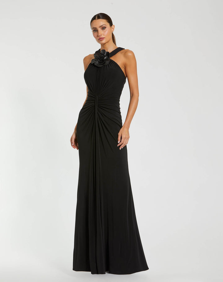 Mac Duggal 21006 Jersey Halter Gown With Floral Appliqué