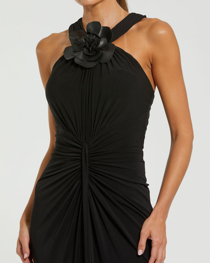 Mac Duggal 21006 Jersey Halter Gown With Floral Appliqué