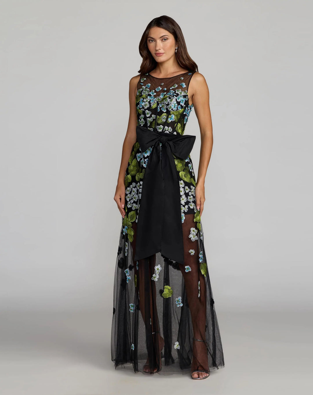 Mac Duggal FITTED Black Floral Embroidered Corset Gown With Bow