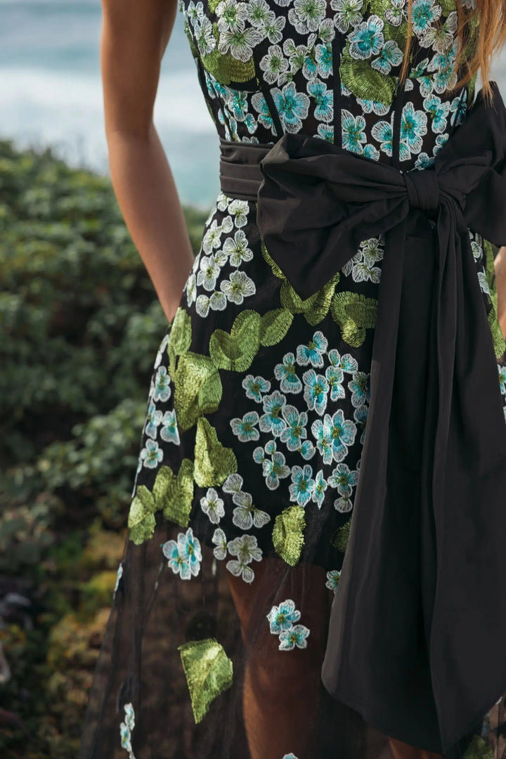 Mac Duggal FITTED Black Floral Embroidered Corset Gown With Bow