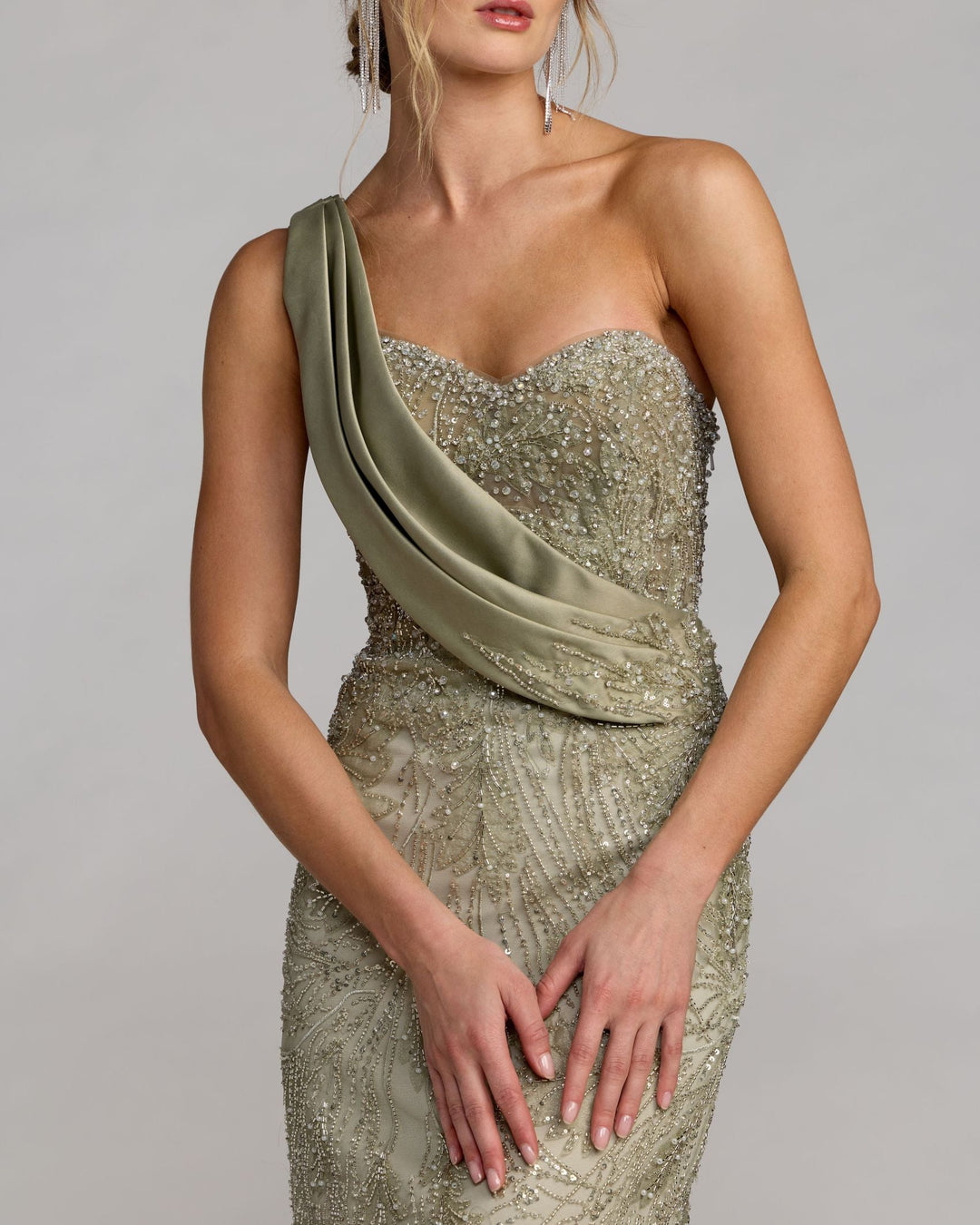 Mac Duggal 21089 Beaded One Shoulder Draped Mermaid Gown