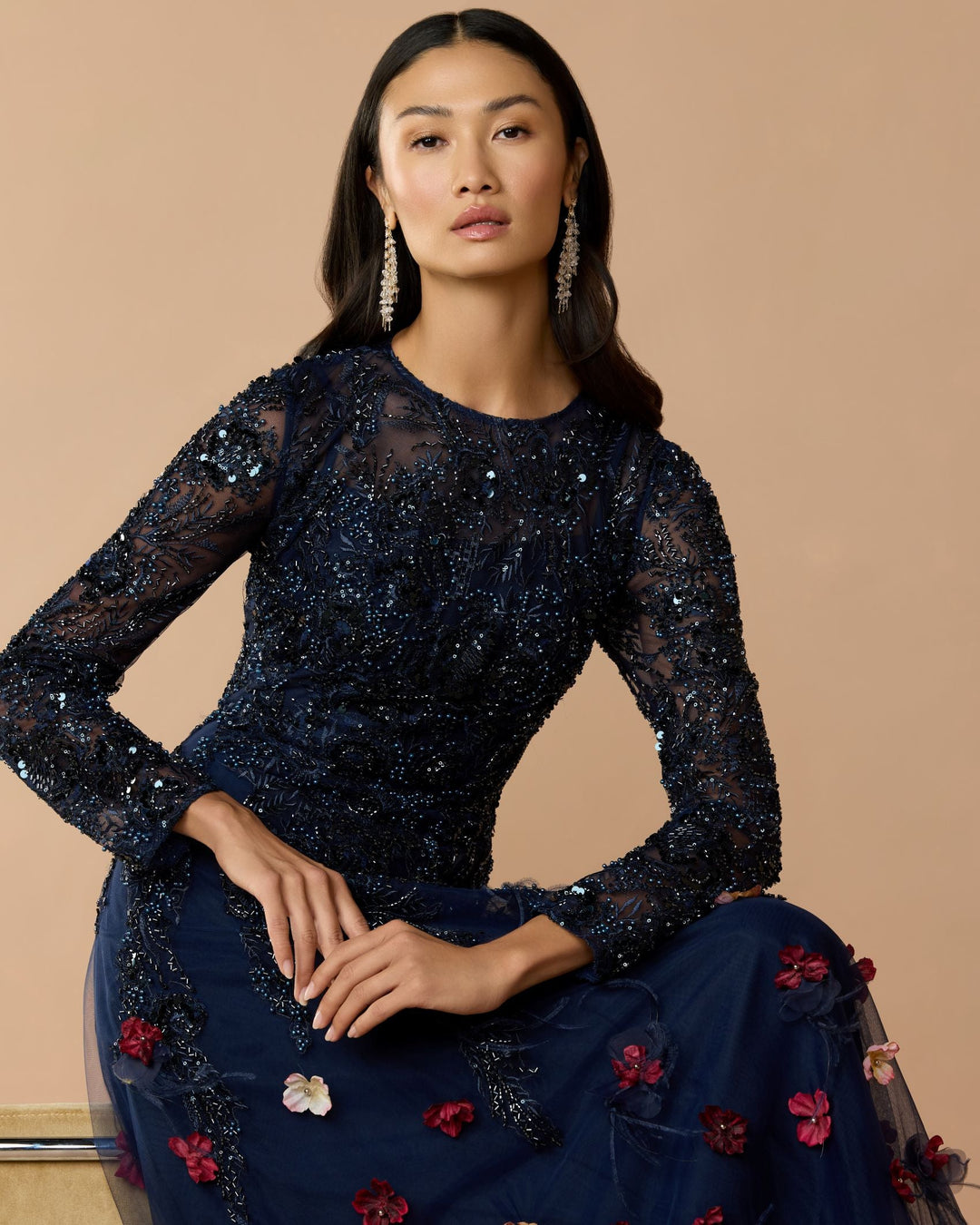 Mac Duggal 21148 Beaded Floral A-Line Gown With Feathers
