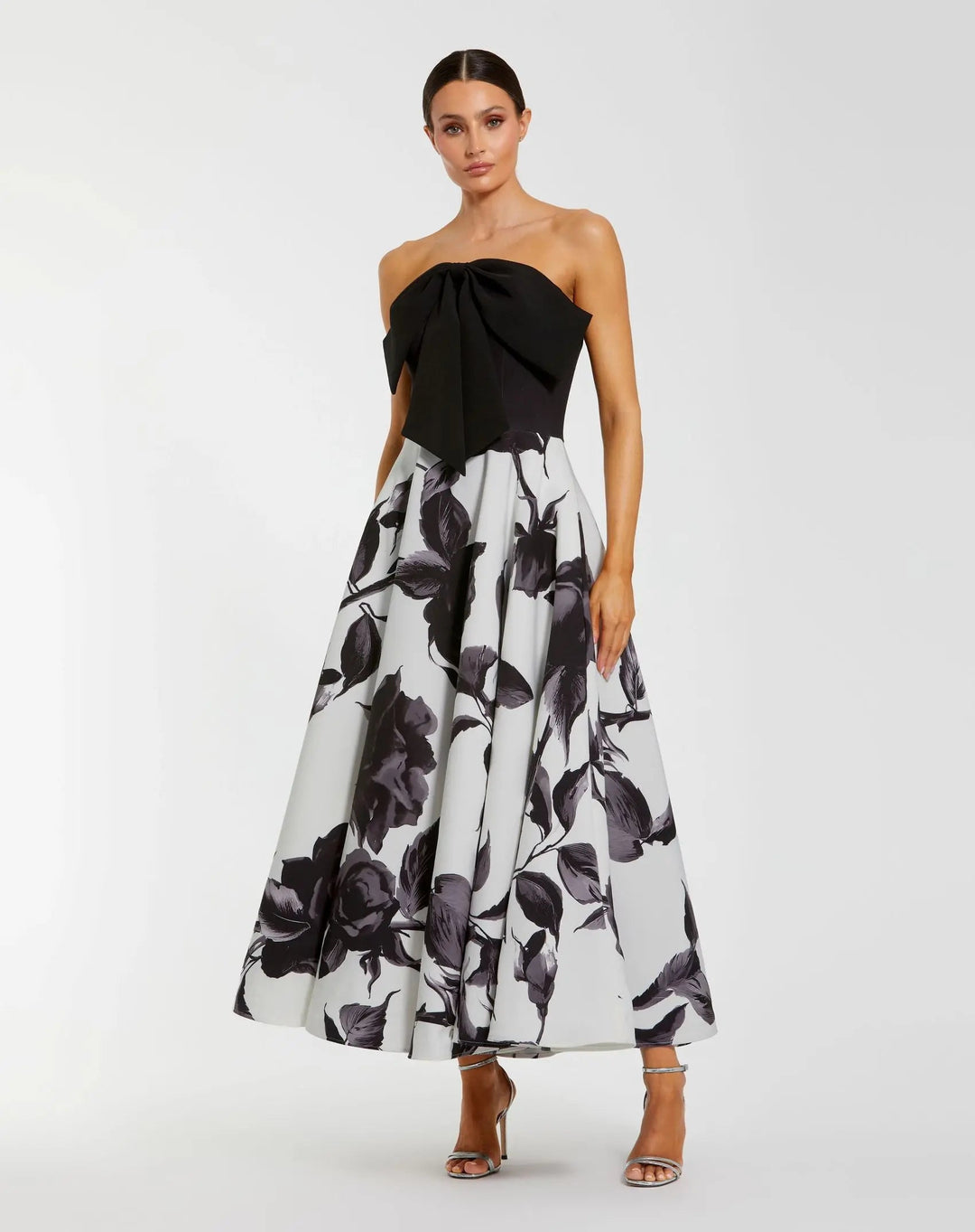 Mac Duggal 21151 Black and Gray Floral Strapless Midi Dress With Bow