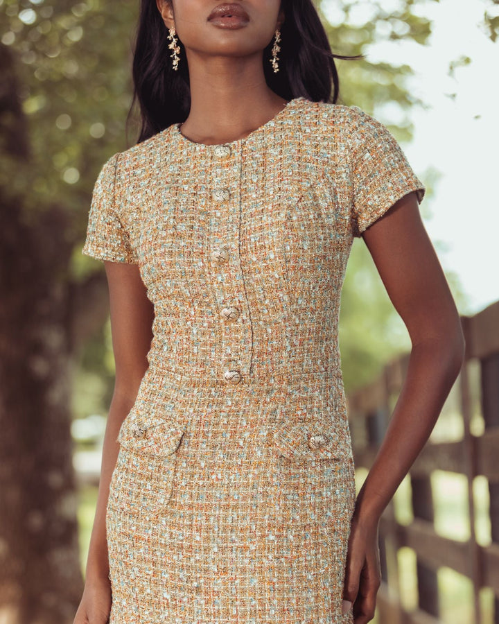 Mac Duggal 21167 High Neck Short Sleeve Boucle Midi Dress