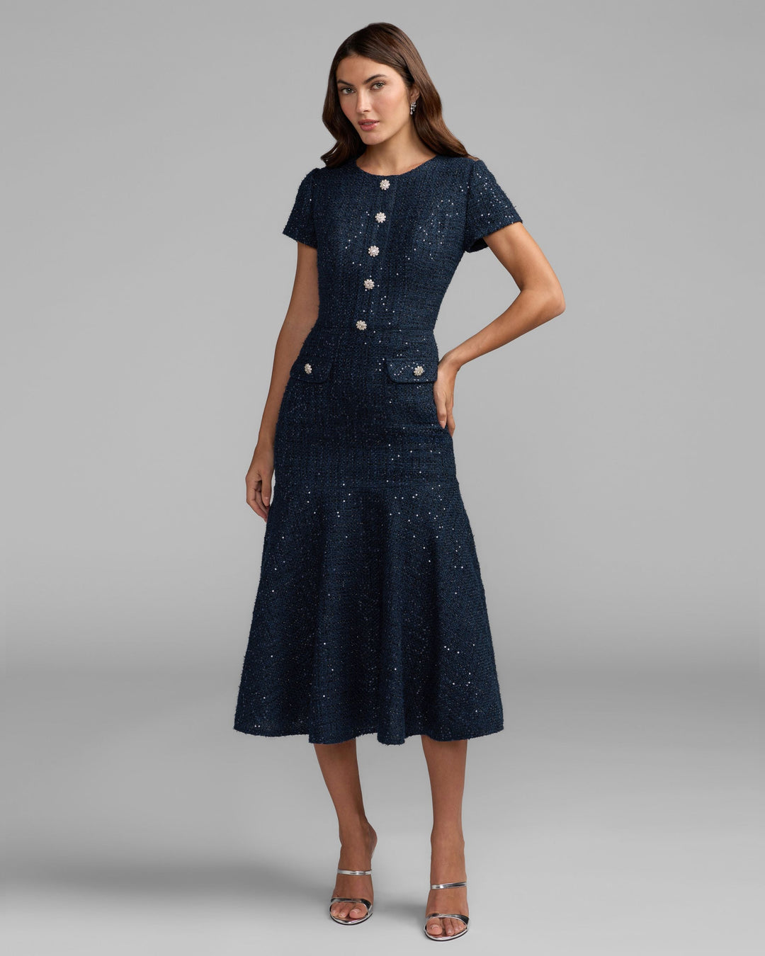 Mac Duggal 21167 High Neck Short Sleeve Boucle Midi Dress
