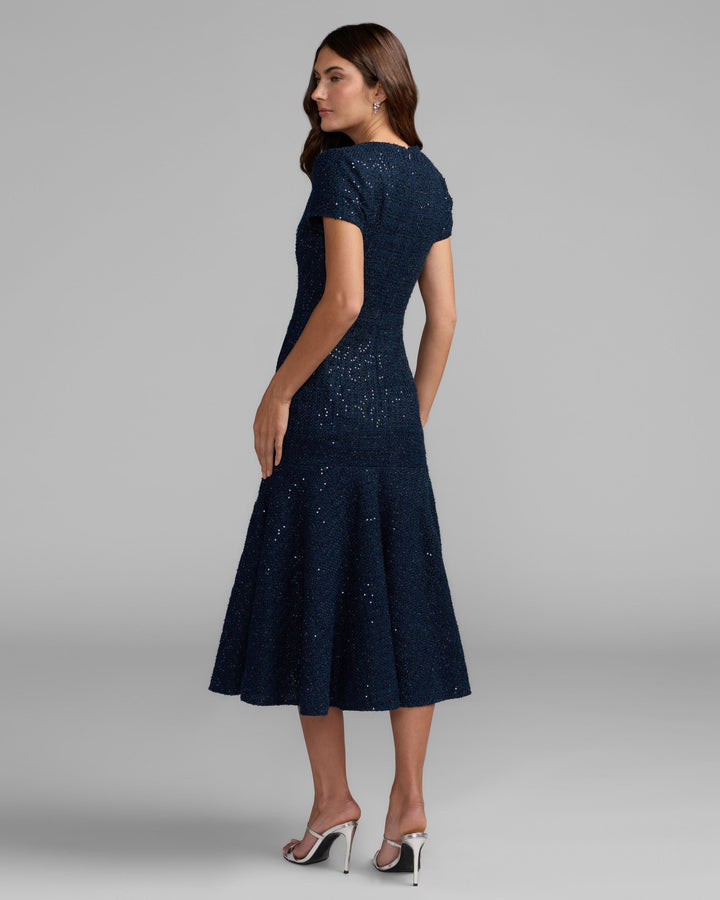 Mac Duggal 21167 High Neck Short Sleeve Boucle Midi Dress