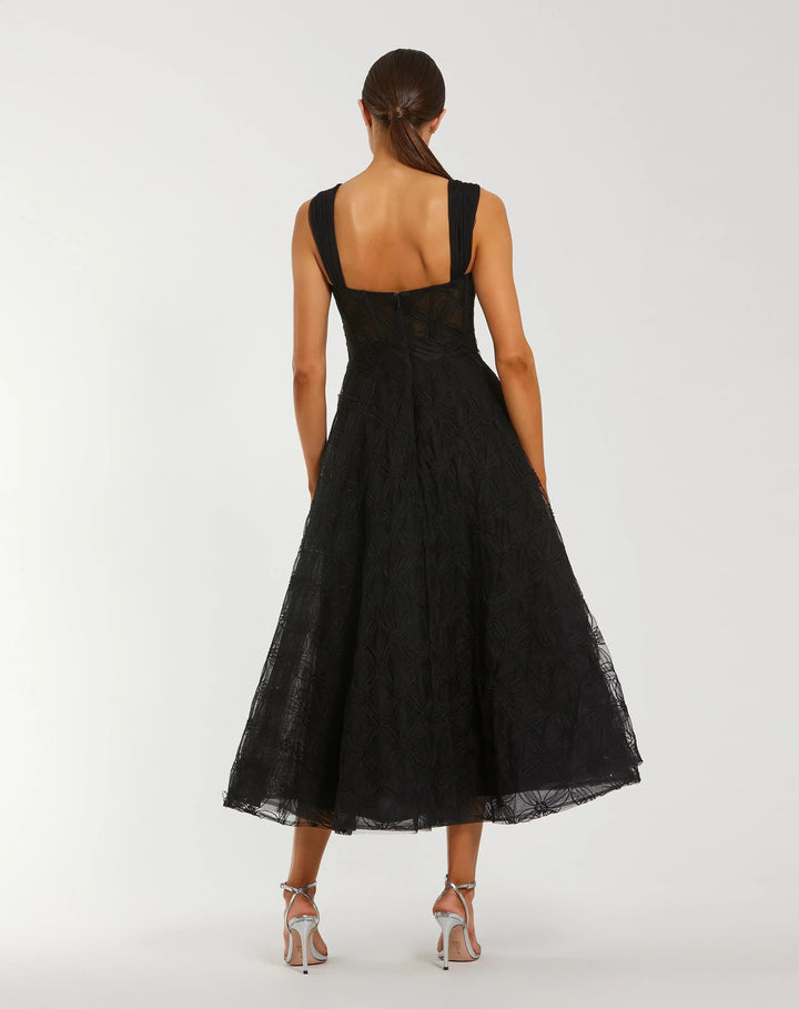 Mac Duggal 21171 Black Bustier Sleeveless A-Line Tulle Midi Dress