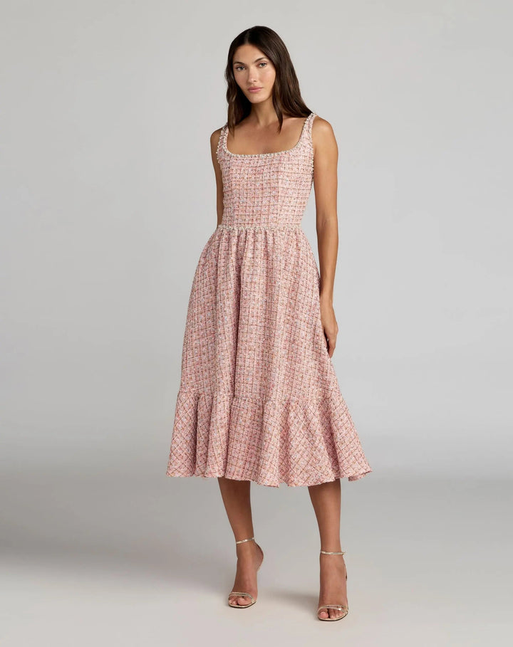 Pink Pearl Embellished Sleeveless Boucle Midi Dress - FOSTANI.com