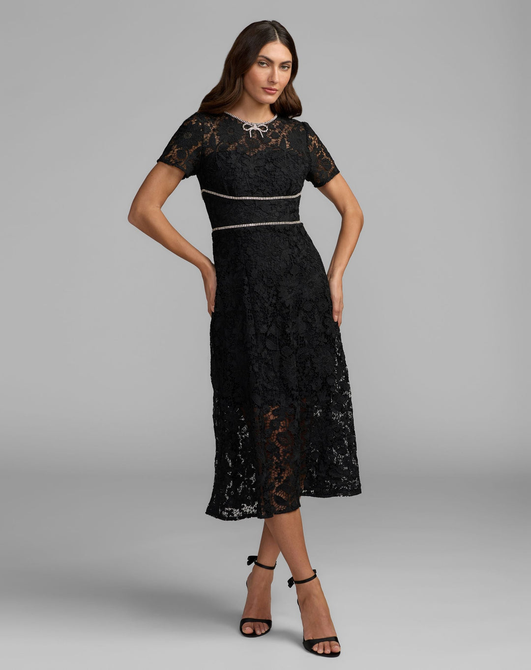 Mac Duggal 21208 Short Sleeve Lace Midi Dress With Rhinestone Trim