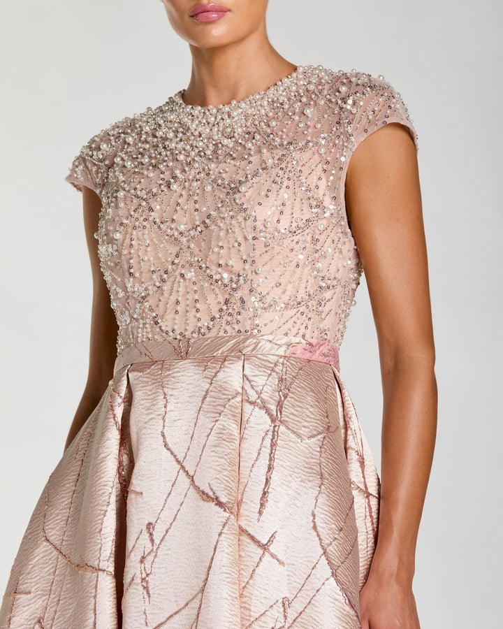 Mac Duggal 21219 Pink Cap Sleeve Embellished Floral Brocade Ball Gown - FOSTANI.com