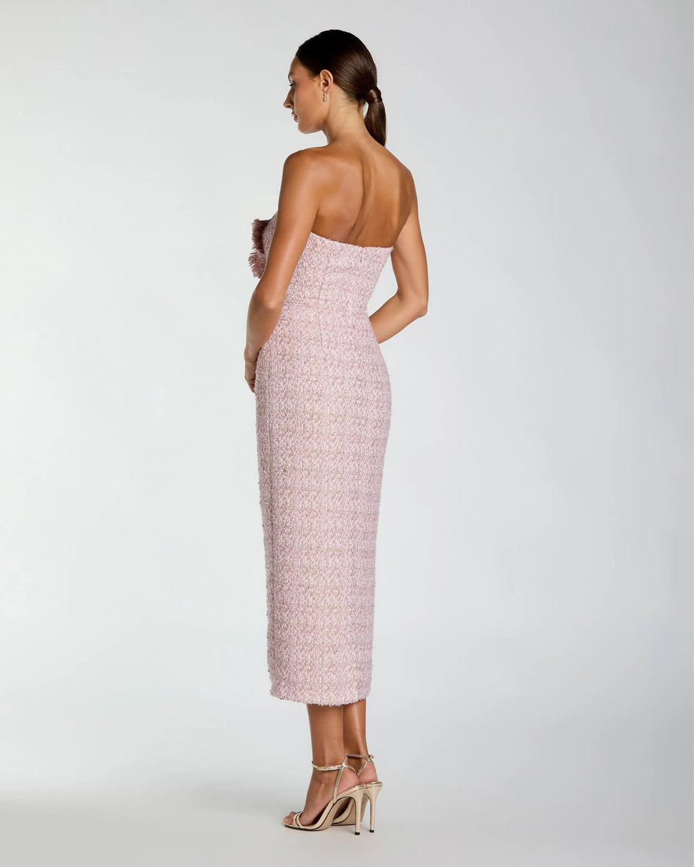 Pink Strapless Boucle Midi Dress With 3D Flower - FOSTANI.com