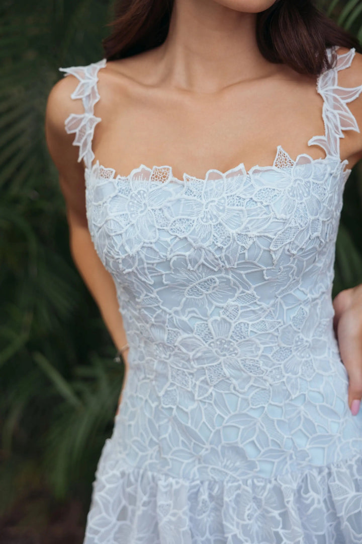 Blue Sleeveless Embroidered Lace Tiered Midi Dress - FOSTANI.com