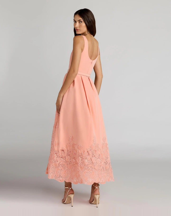 Peach Lace Hem Belted Midi Dress - FOSTANI.com