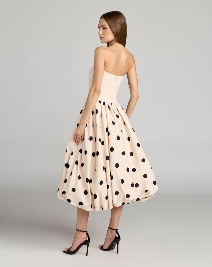 Beige Strapless Polka Dot Bubble Skirt Midi Dress - FOSTANI.com