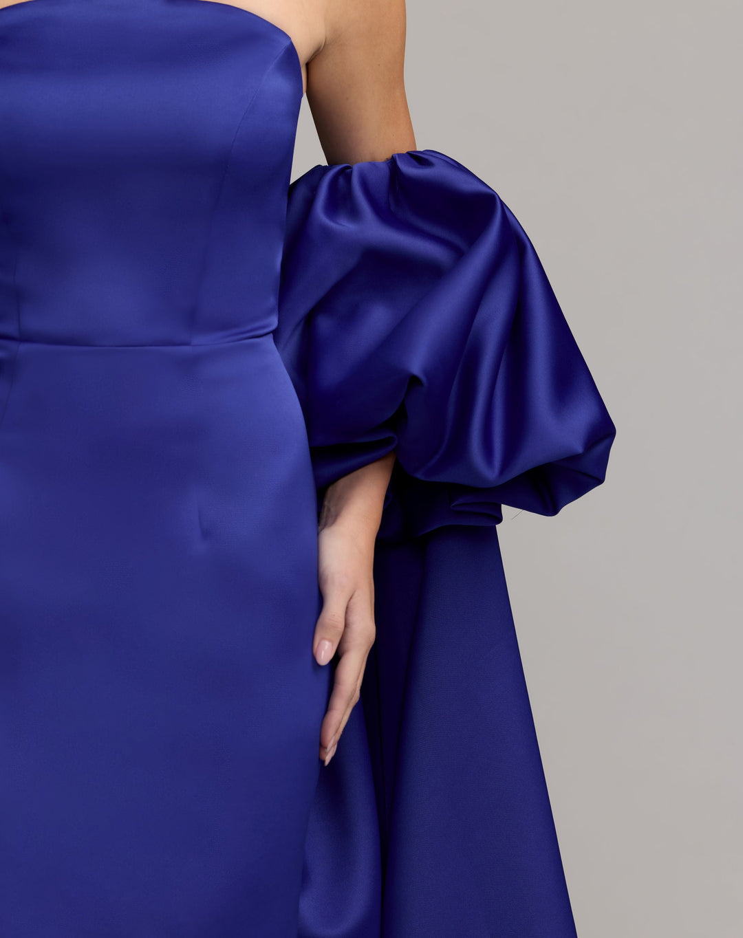 Mac Duggal 21239 Strapless Puff Sleeve Satin Gown With Cape