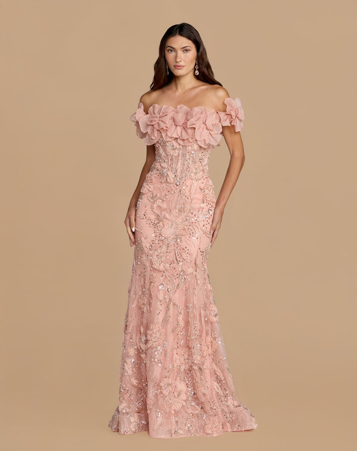 Mac Duggal  21272 Pink Off The Shoulder Embellished Mermaid Gown - FOSTANI.com