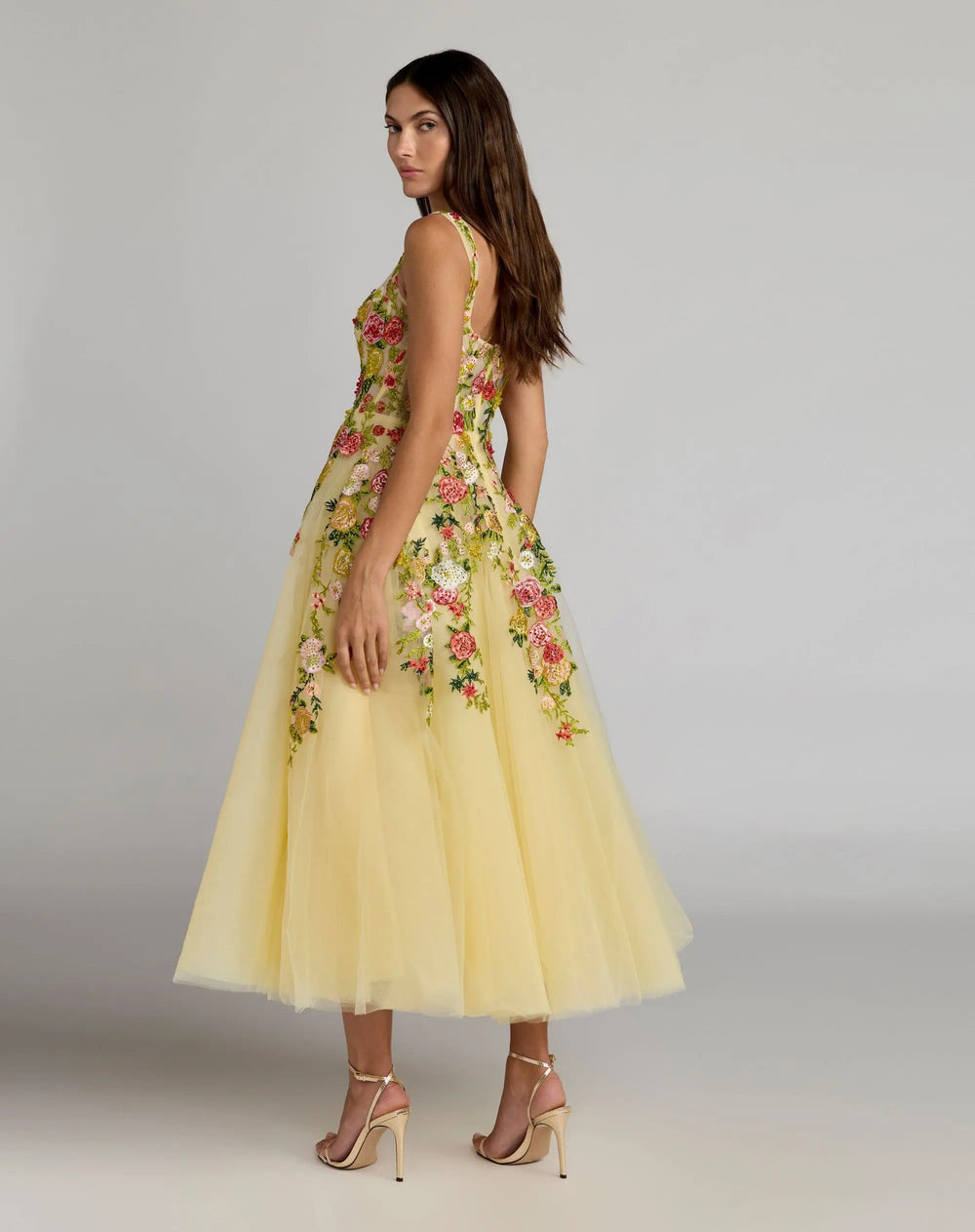 Yellow Embroidered Tulle A-Line Midi Dress - FOSTANI.com