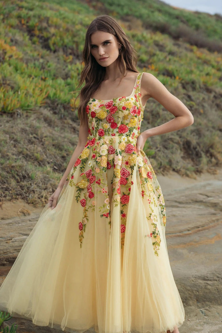 Yellow Embroidered Tulle A-Line Midi Dress - FOSTANI.com