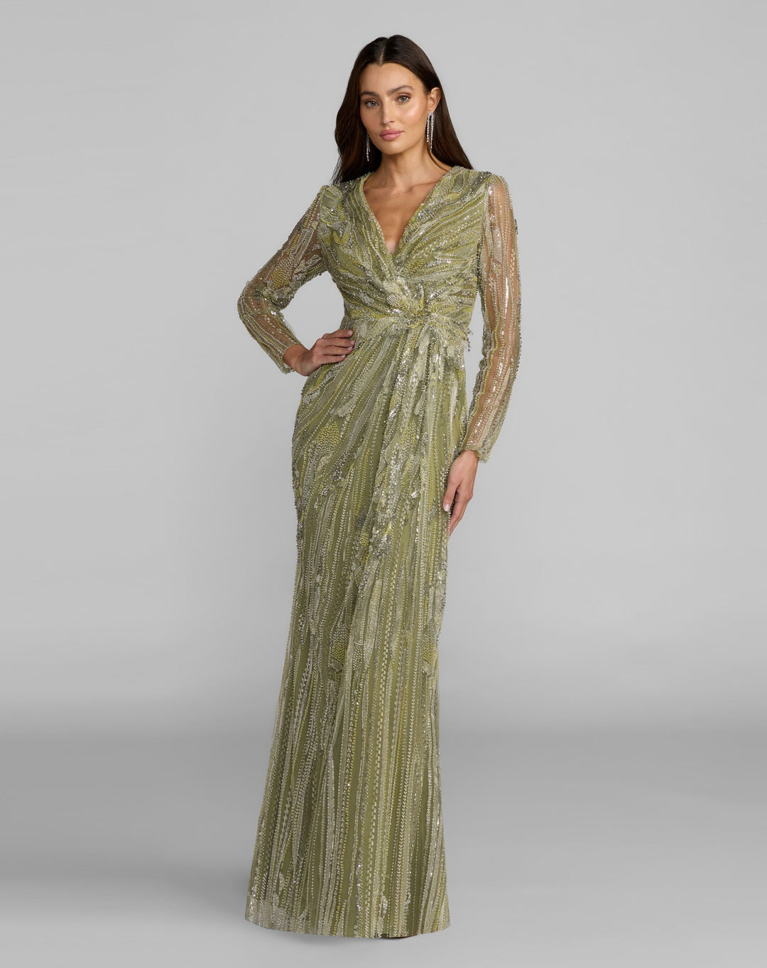 Mac Duggal 21306 Green Hand Embellished V-Neck Column Gown