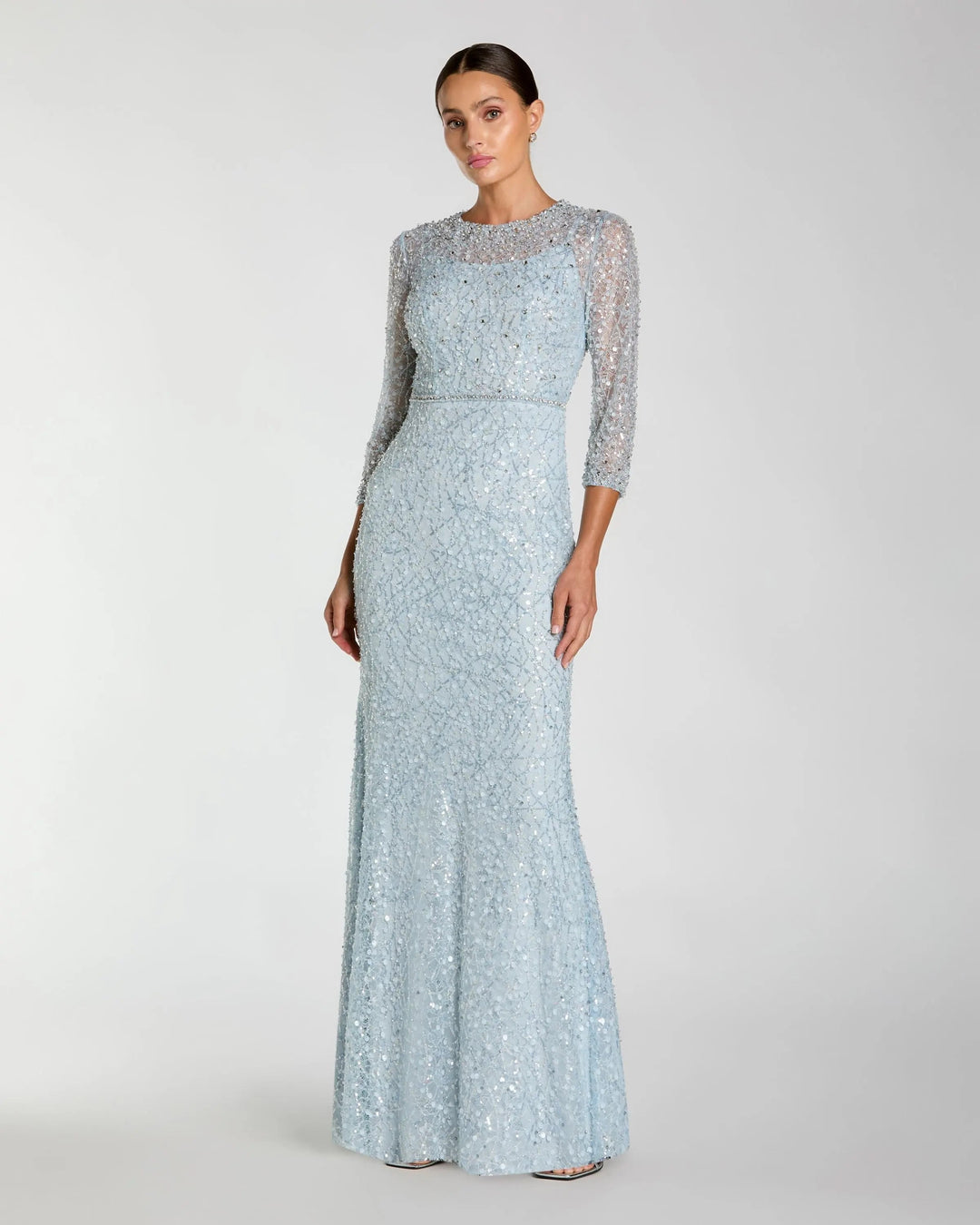 Blue Beaded 3/4 Sleeve Trumpet Gown - FOSTANI.com