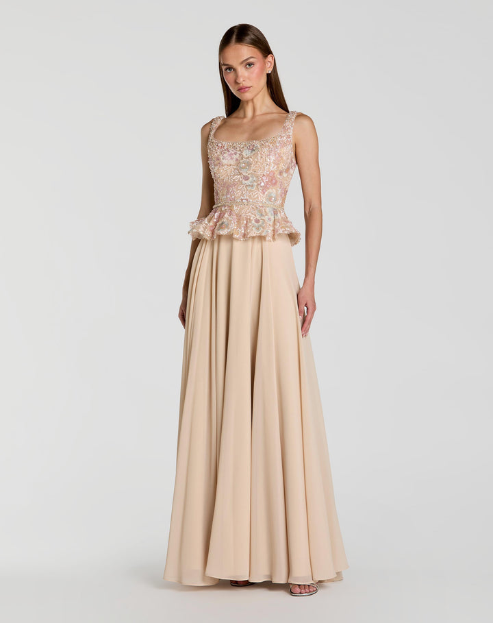 Beige Embroidered Peplum Top With Chiffon Skirt Gown - FOSTANI.com