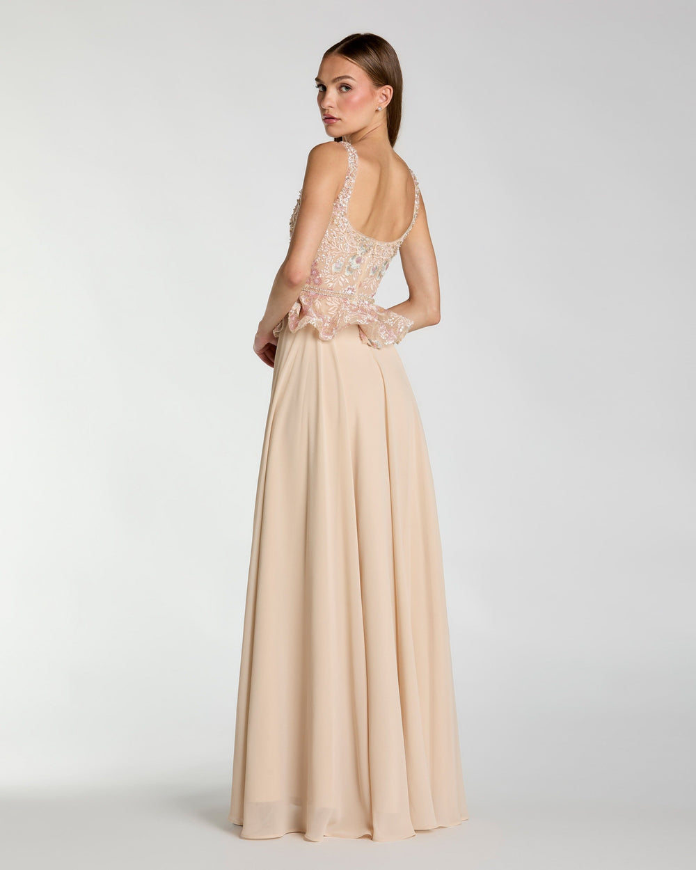 Beige Embroidered Peplum Top With Chiffon Skirt Gown - FOSTANI.com