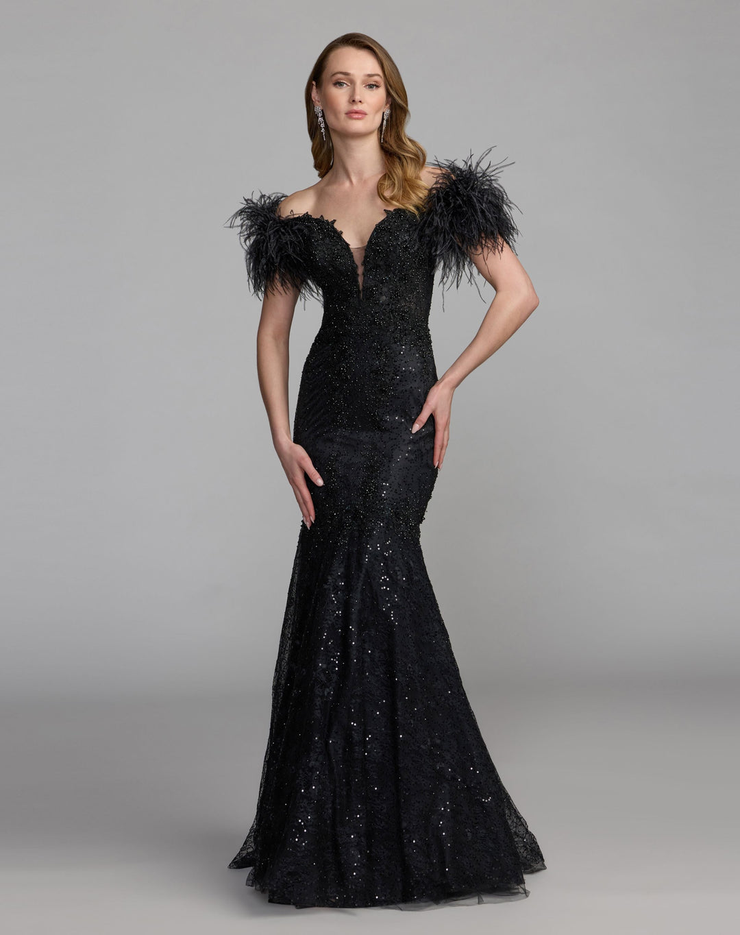 Mac Duggal 21577 Beaded Lace Mermaid Gown With Feathers