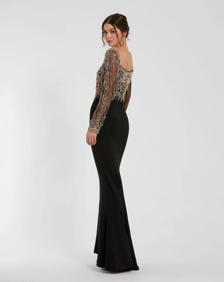 Mac Duggal 2256 Black Beaded Square Neck Long Sleeve Jersey Gown