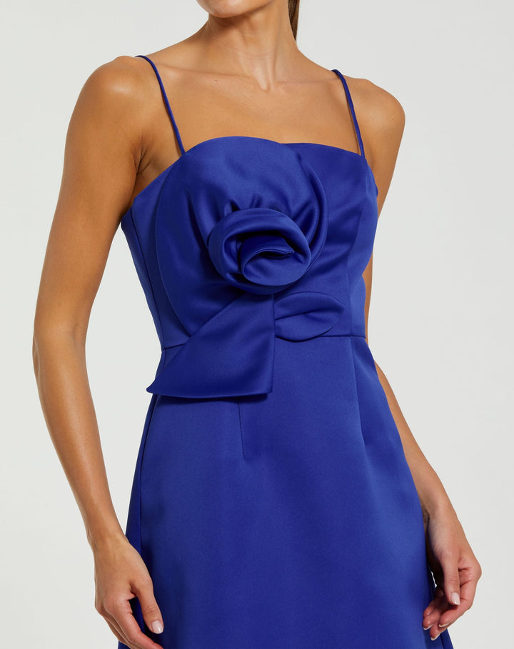 Mac Duggal 2287 Blue Satin A-Line Mini Dress With 3D Rose Detail