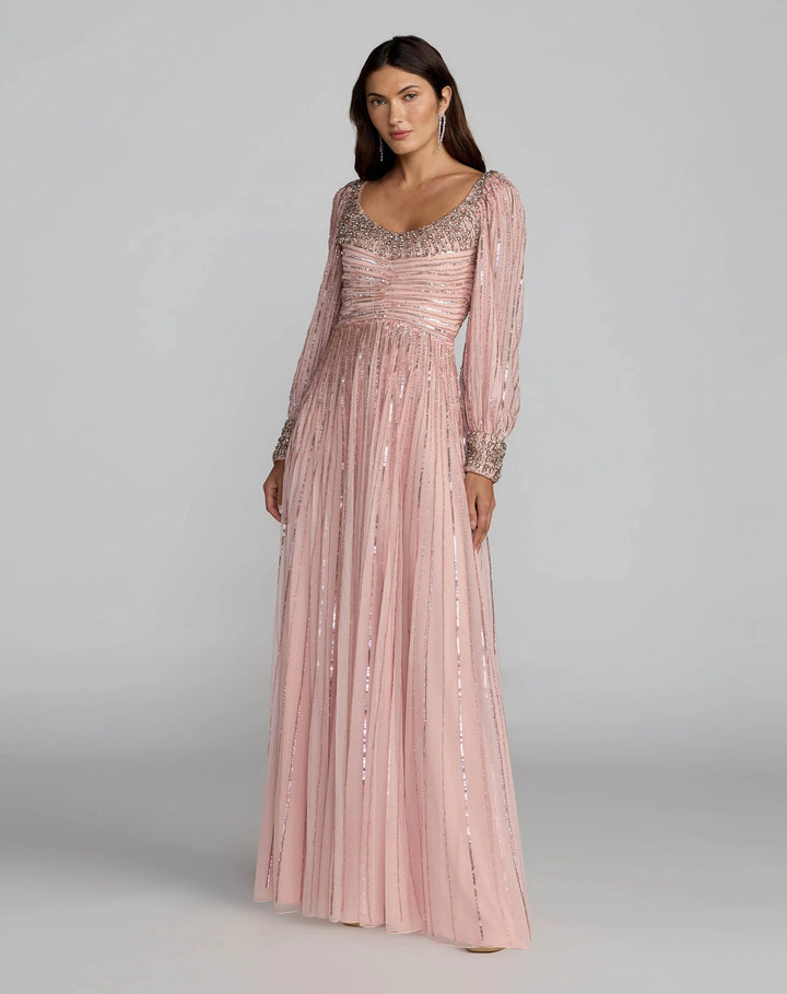 Mac Duggal 23085 Pink Embellished Long Sleeve Scoop Neck A-Line Gown