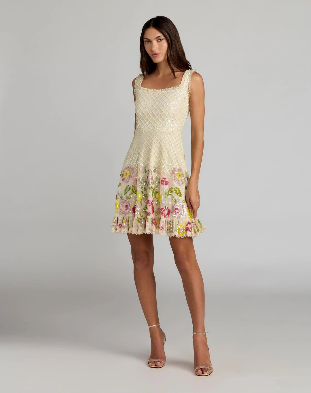 Ivory Floral Sequin Square Neck Mini Dress - FOSTANI.com
