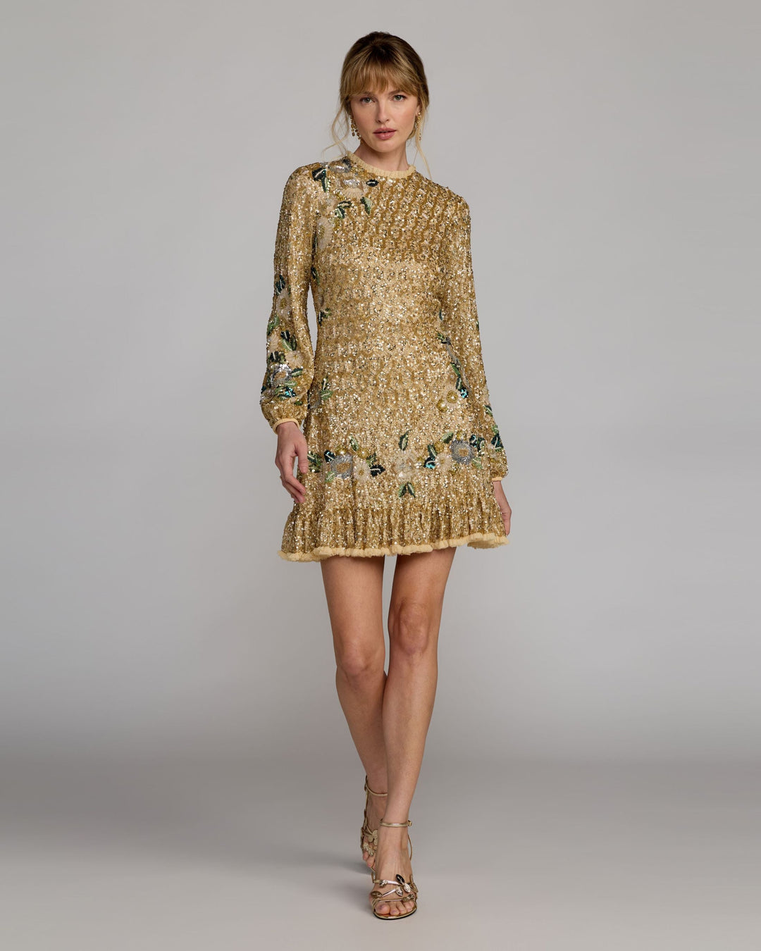 Mac Duggal 23102 Floral Hand Beaded Long Sleeve Mini Dress