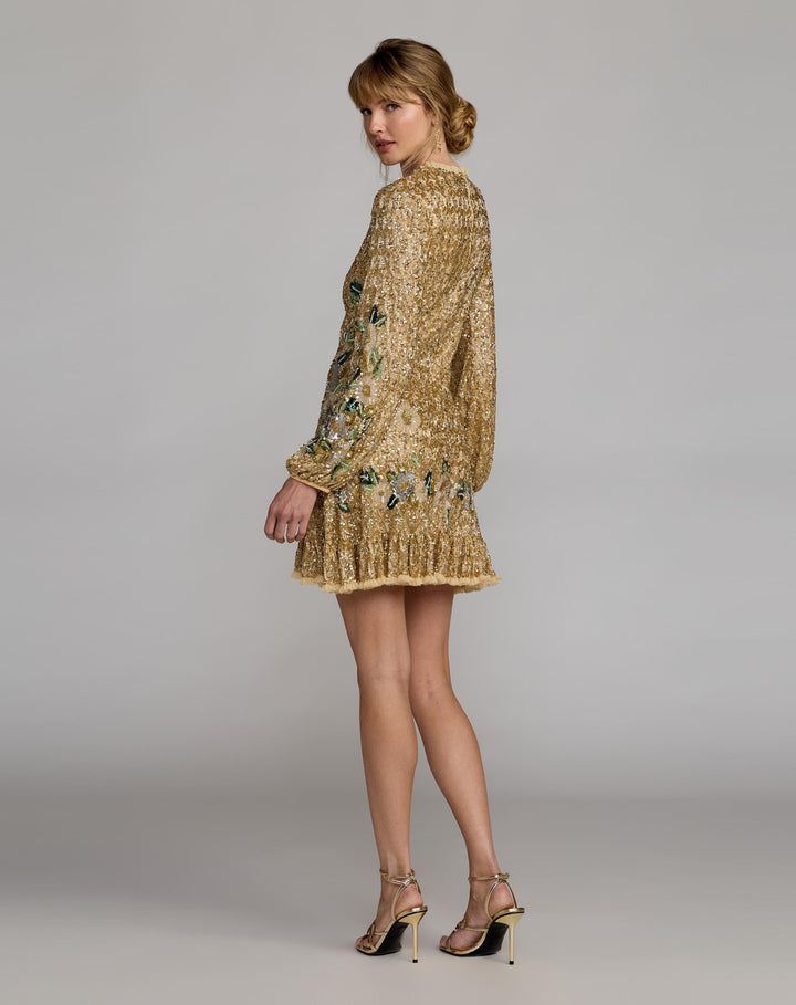 Mac Duggal 23102 Floral Hand Beaded Long Sleeve Mini Dress