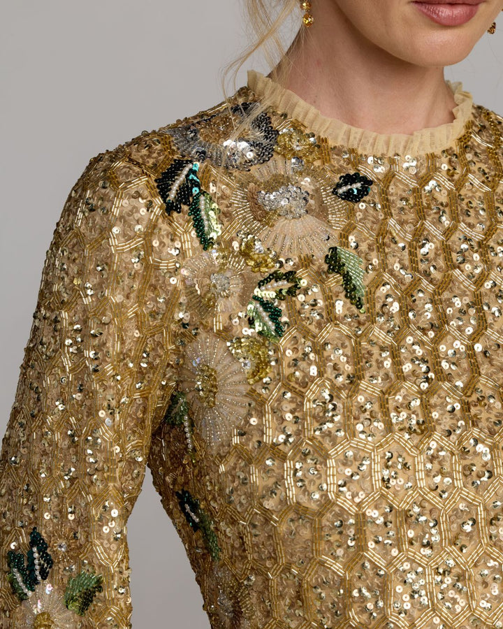 Mac Duggal 23102 Floral Hand Beaded Long Sleeve Mini Dress