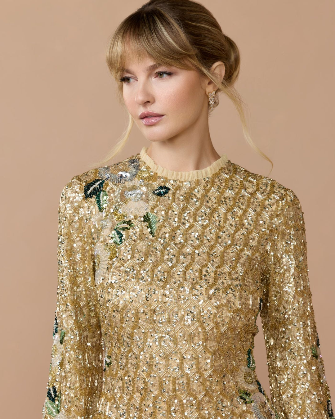Mac Duggal 23102 Floral Hand Beaded Long Sleeve Mini Dress