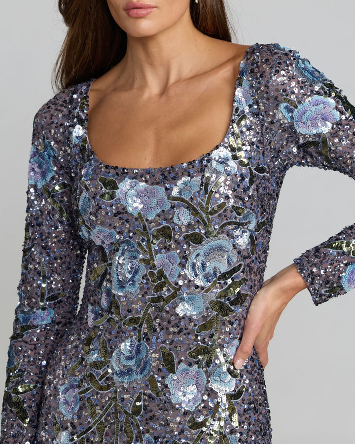 Mac Duggal 23103 Blue Floral Sequin Long Sleeve Gown