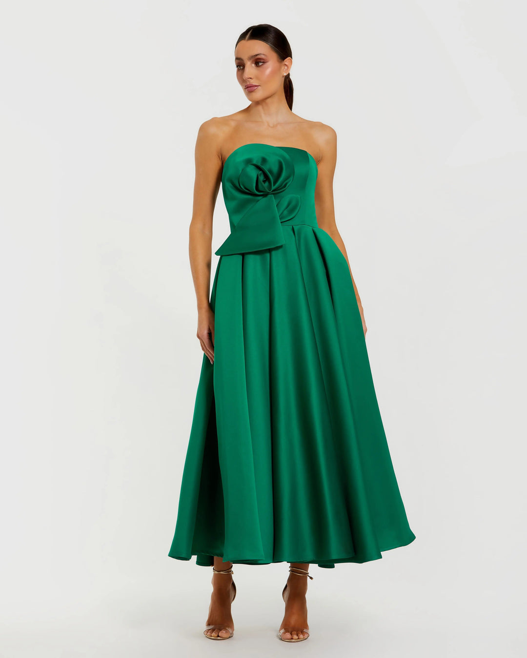 Mac Duggal 2330 Green Strapless Satin A Line Midi Dress With 3D Flower