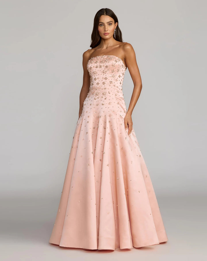 Pink Strapless Embellished Satin Ball Gown With Pockets - FOSTANI.com