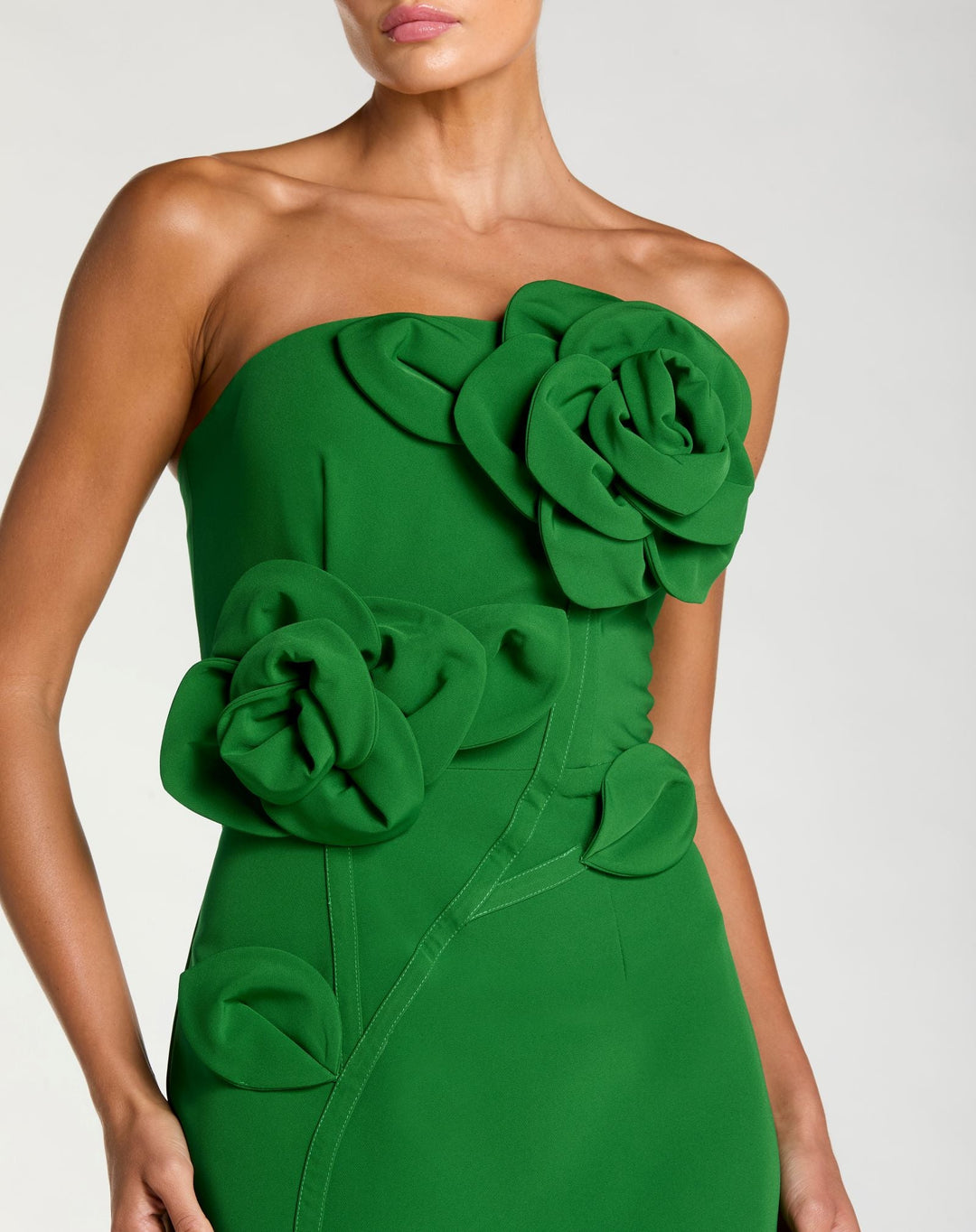 Green Strapless Crepe Dress With 3D Flower Detail - FOSTANI.com