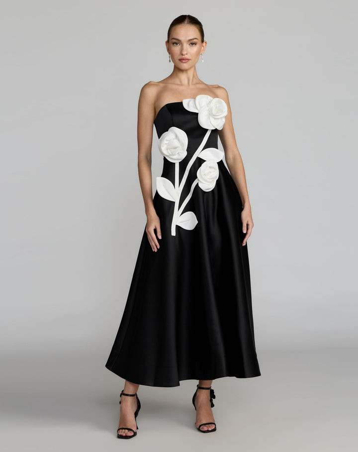 Mac Duggal 2362 Black Strapless Satin A-Line Dress With 3D Flowers