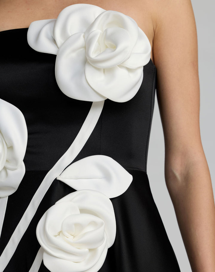 Mac Duggal 2362 Black Strapless Satin A-Line Dress With 3D Flowers