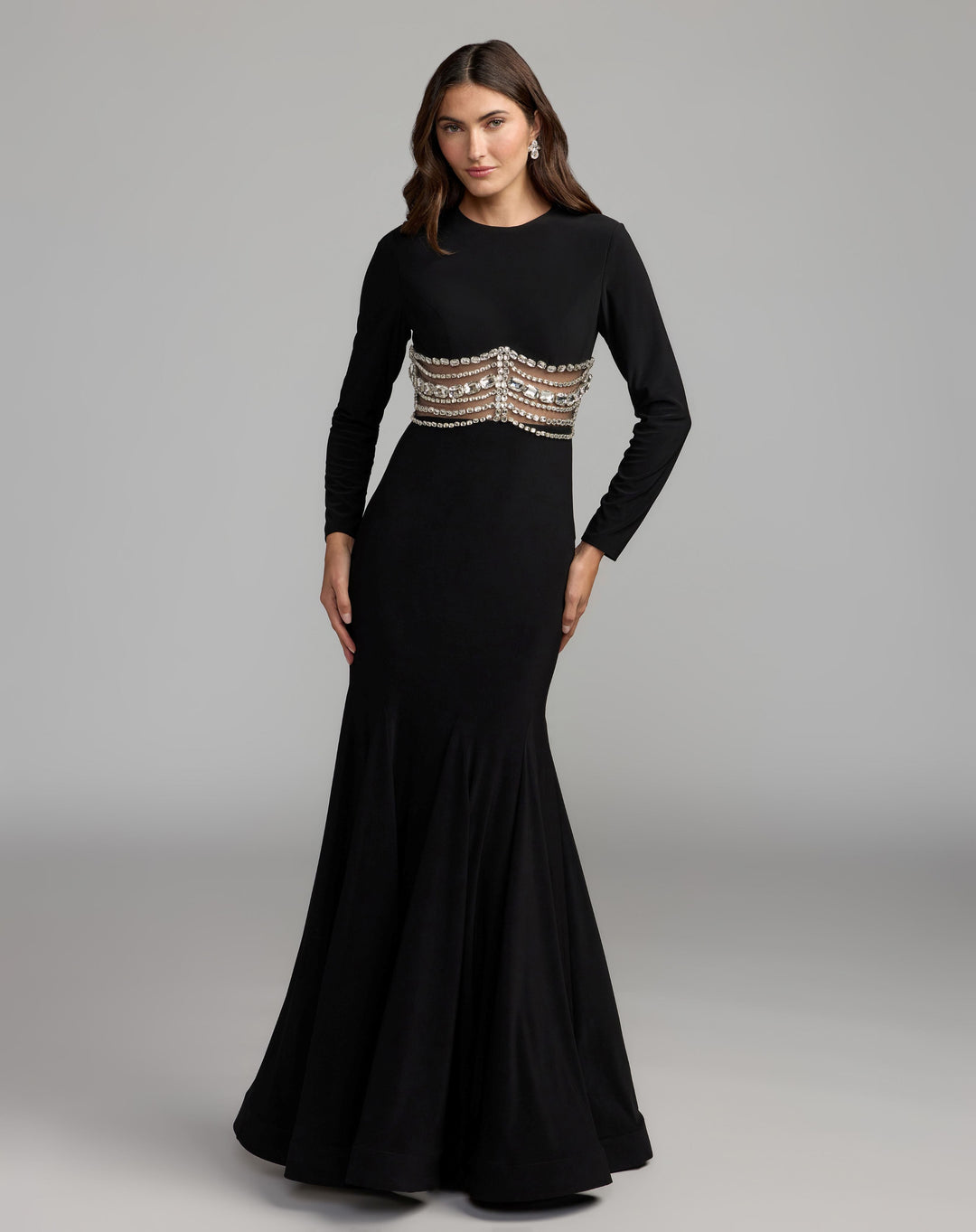 Mac Duggal 2407 Long Sleeve Jersey Gown With Crystal Detail