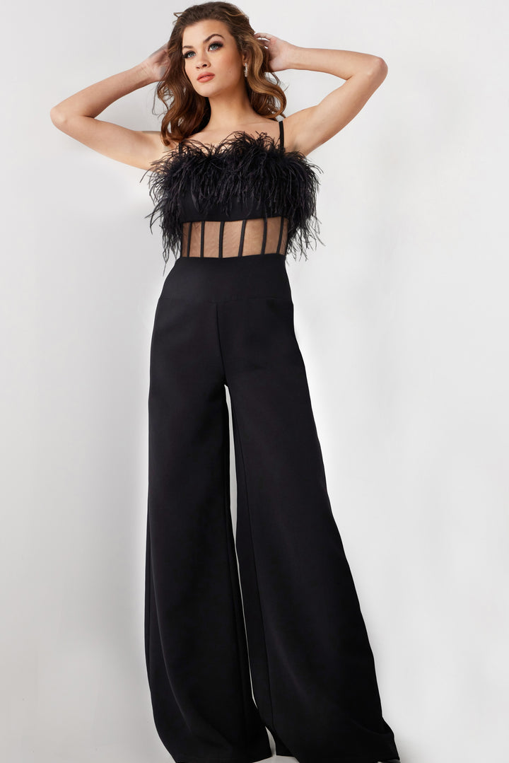 Jovani 24144 Black Sheer Bodice Spaghetti Straps Jumpsuit