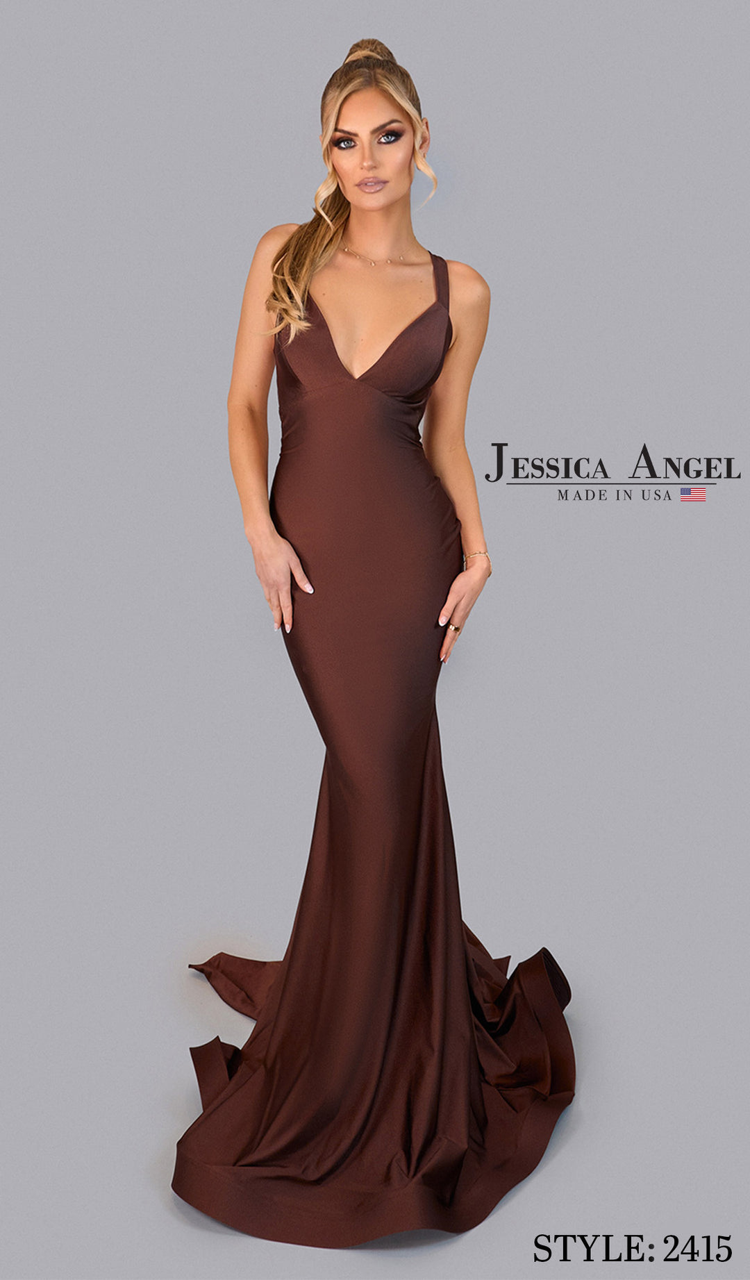 Jessica Angel 2415 V-neck mermaid dress front view 2