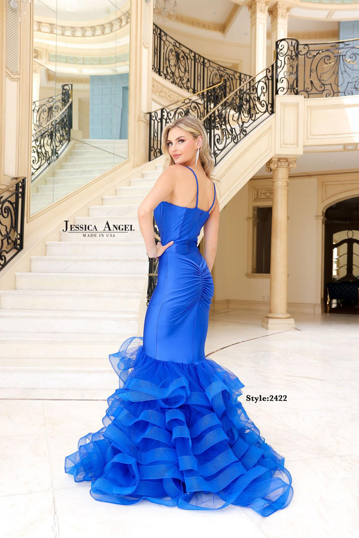 Jessica Angel 2422 ruched back ruffle mermaid gown back view 2