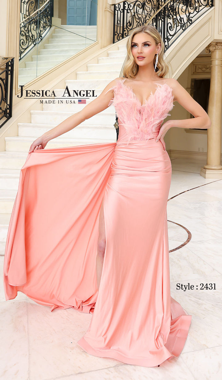 Jessica Angel 2431 floral applique jersey gown with overskirt front view