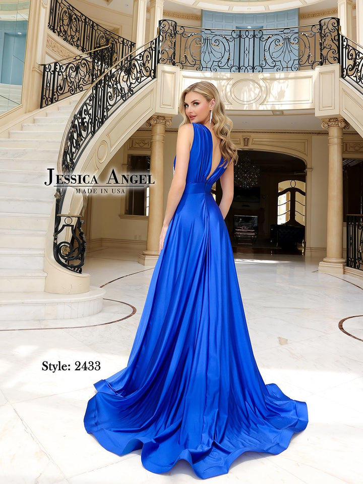 Jessica Angel 2433 crystal applique jersey gown with slit back view