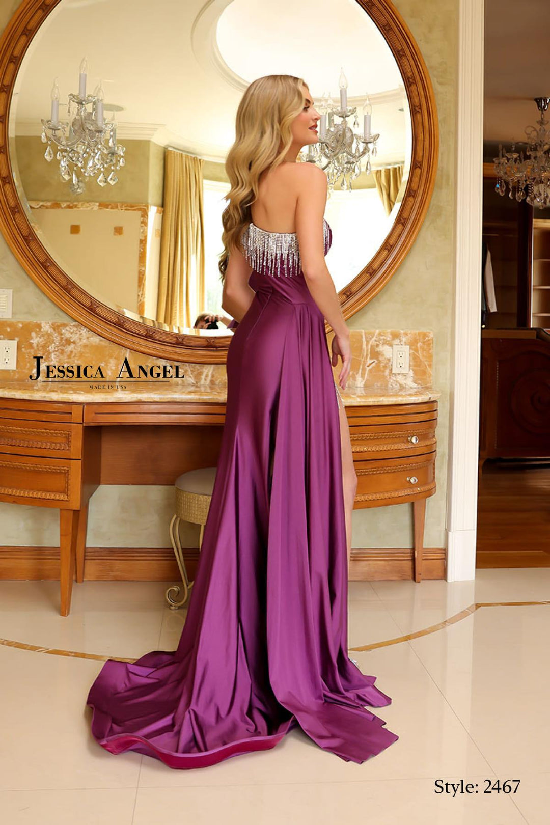 Jessica Angel 2467 one shoulder crystal fringe gown back view